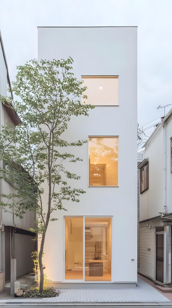 自地自建招待會所外觀示意，以白色量體與大開口形塑接待氛圍