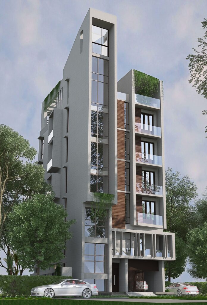 自地自建住辦合一外觀示意，窄長基地以垂直量體安排工作與居住機能