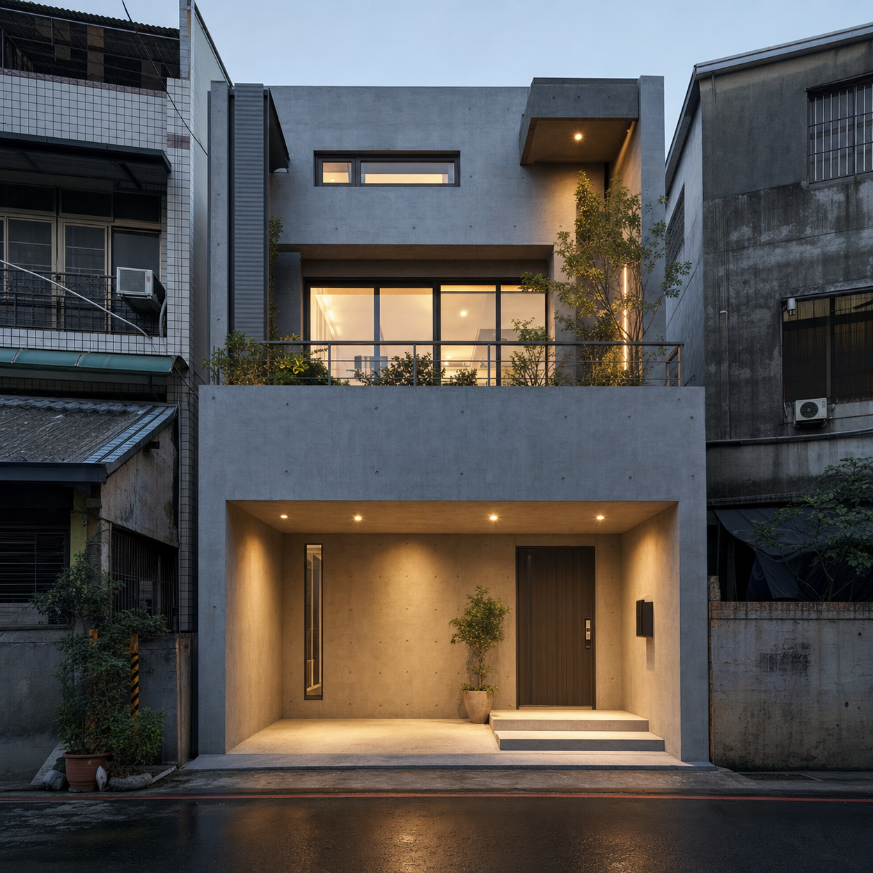 夜間仿清水模外牆街屋立面，入口雨遮與外牆燈光呈現的明暗層次