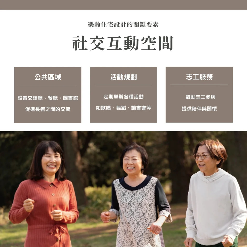 樂齡住宅社交互動資訊圖，長輩戶外散步交流