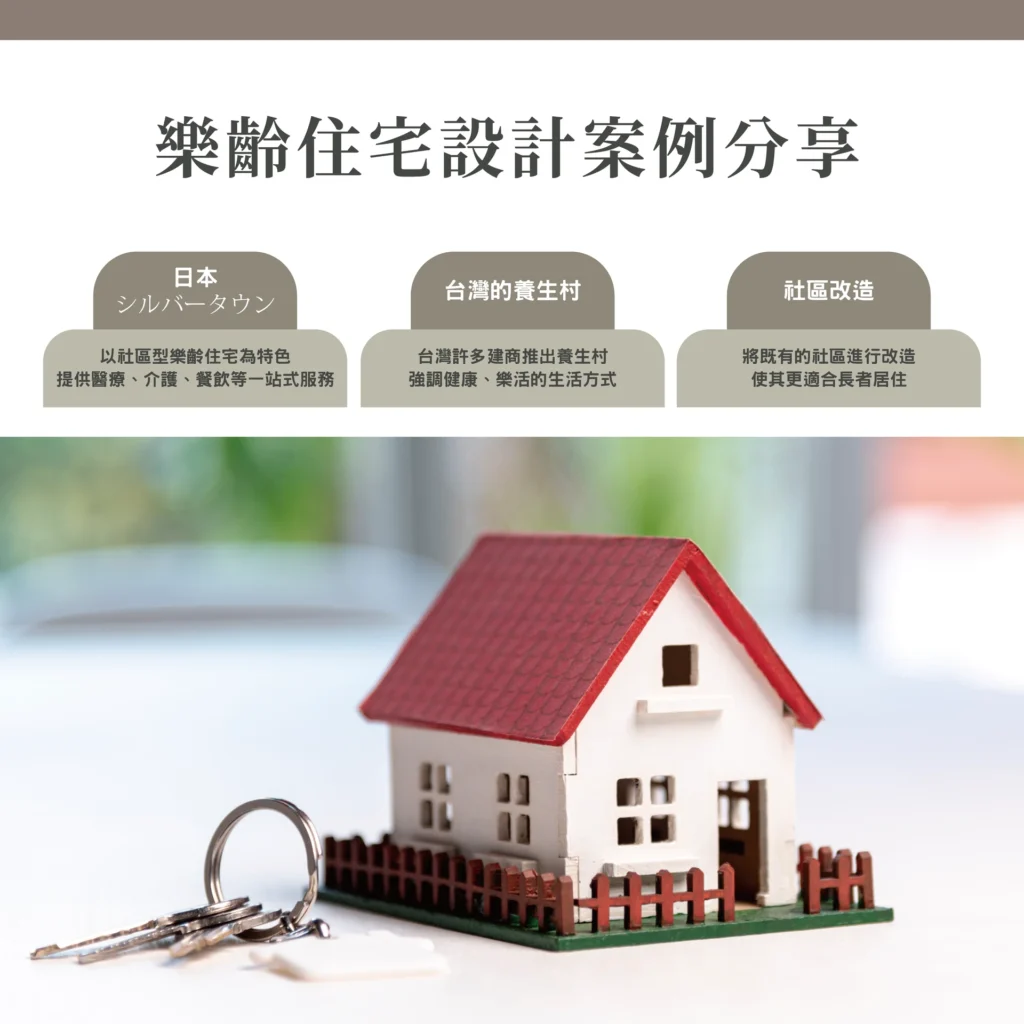 樂齡住宅案例分享資訊圖，房屋模型與鑰匙