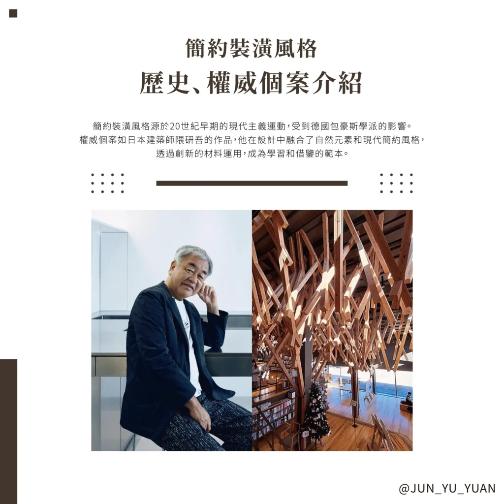 簡約裝潢歷史構成資訊圖與安藤忠雄建築照片