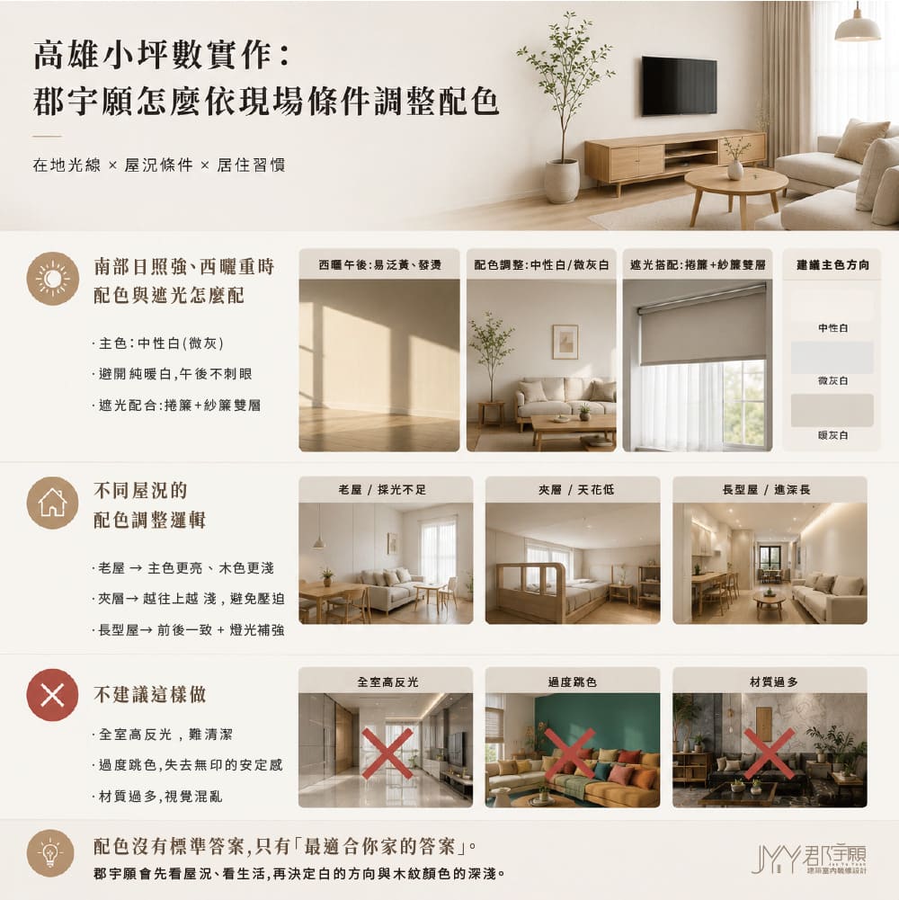 高雄小坪數實作案例整理圖卡，說明郡宇願如何依現場光線、屋況條件與居住習慣調整配色，涵蓋西曬配色遮光搭配、老屋夾層長型屋的配色邏輯，以及不建議的配色地雷