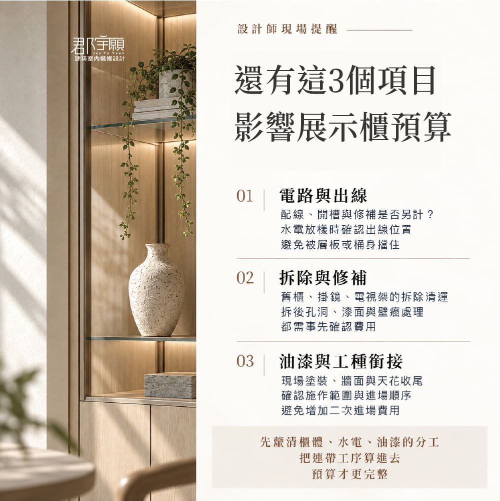影響展示櫃費用預算的 3 個項目：電路與出線、拆除與修補、油漆與工種銜接