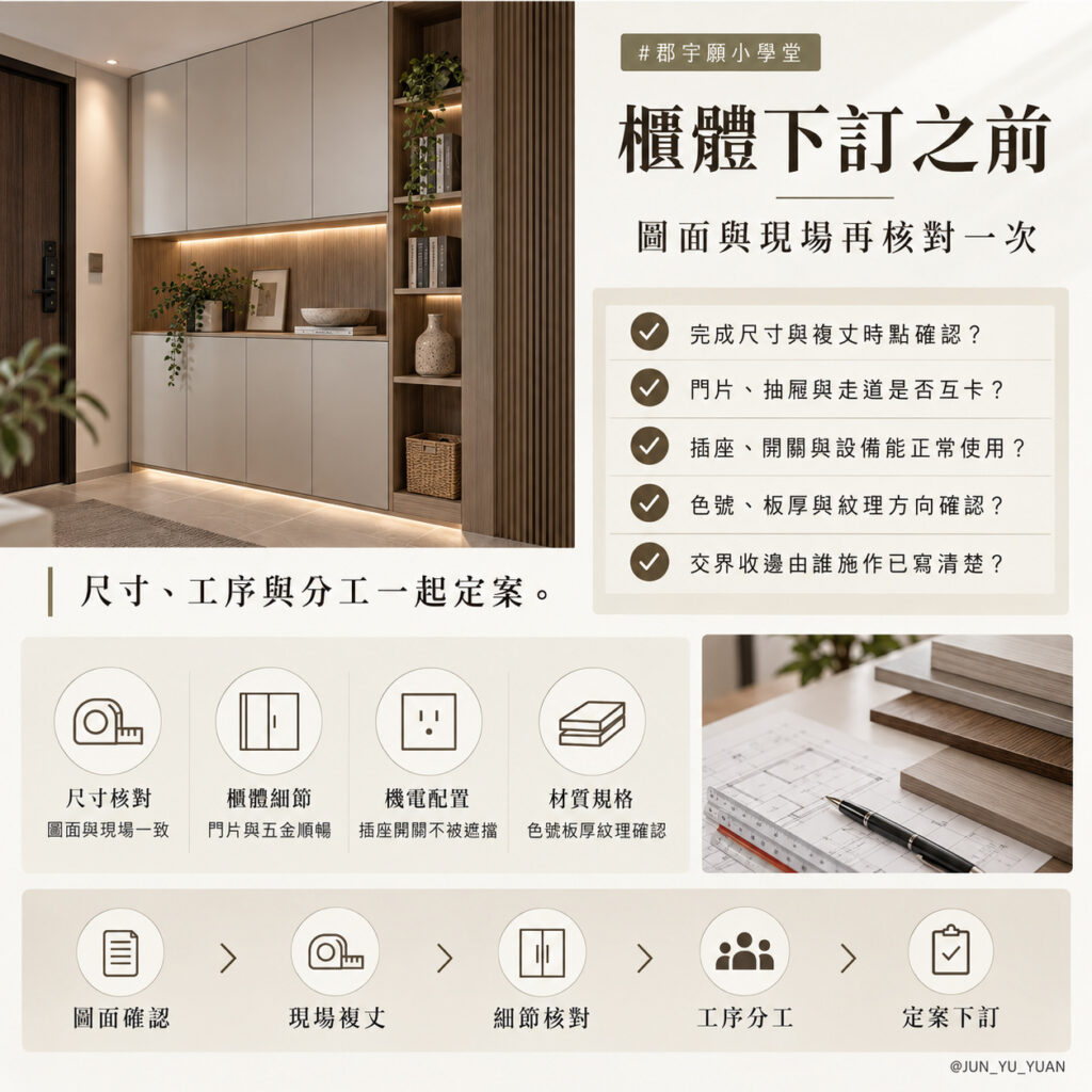 櫃體下訂前檢查:完成尺寸與複丈時點、門片抽屜和走道、插座與設備、板材色號厚度,以及交界收邊的施工分工。