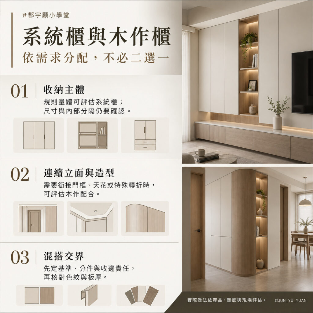 系統櫃與木作櫃搭配圖解:規則收納主體可評估系統櫃,連續立面與造型可評估木作,混搭交界須確認收邊、色紋及板厚。