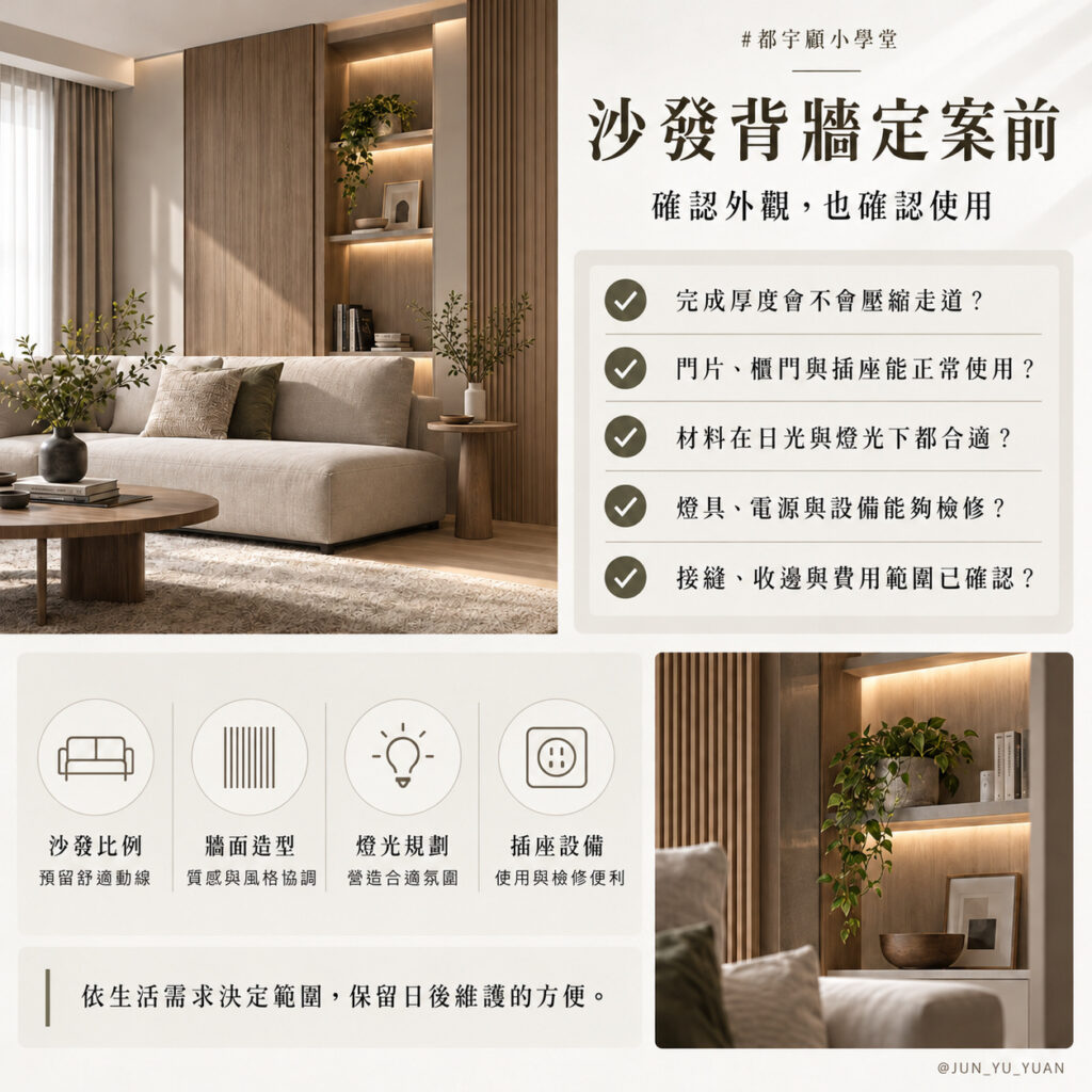 沙發背牆設計定案前檢查：完成厚度與走道、門片和插座操作、材料在日光與燈光下的效果、設備檢修，以及接縫收邊和費用範圍。