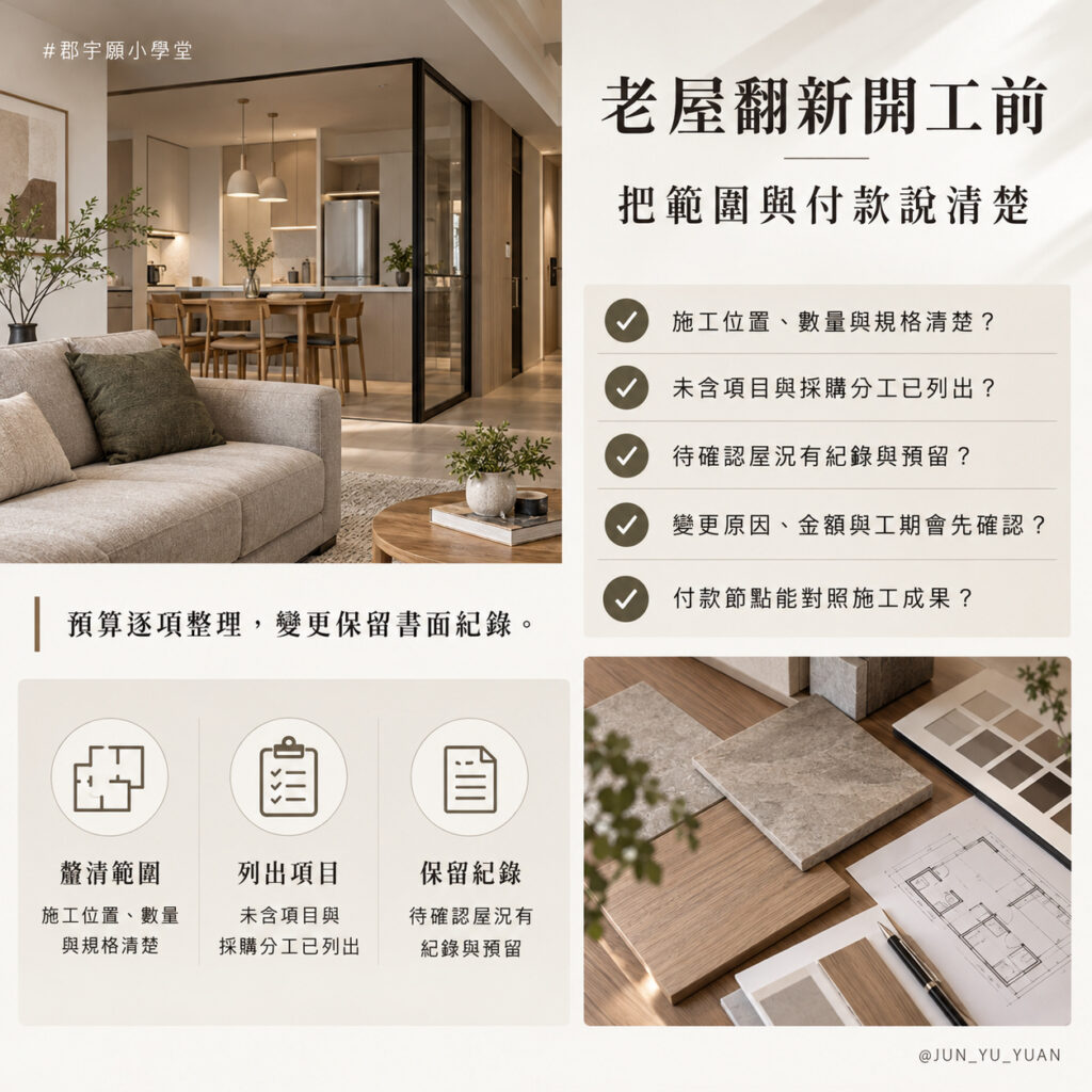 老屋翻新開工前檢查：施工位置、數量與規格，未含項目與採購分工，待確認屋況及預留，變更金額工期，以及付款節點和施工成果。
